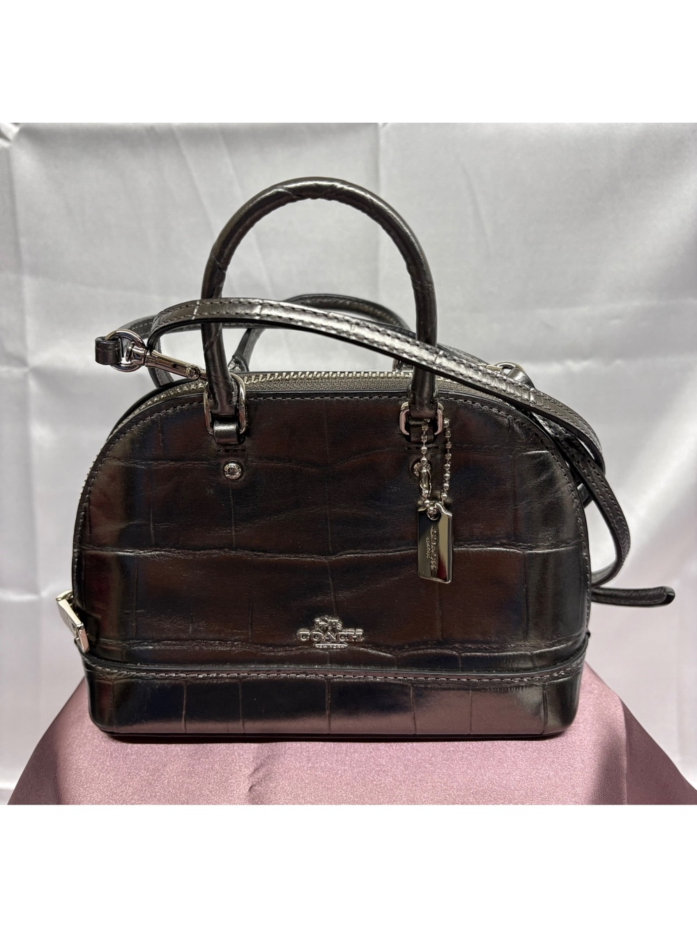 Coach Micro Mini Sierra Satchel in Metallic Croc-Embossed Leather W/Extra Strap